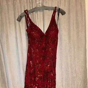 -Full length burgundy embroidered prom dress